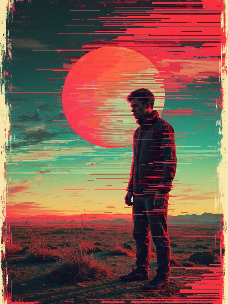 a digitally glitched graphic novel illustration of a man wandering the wasteland alone. gl1tchc0re on Tensor.Art