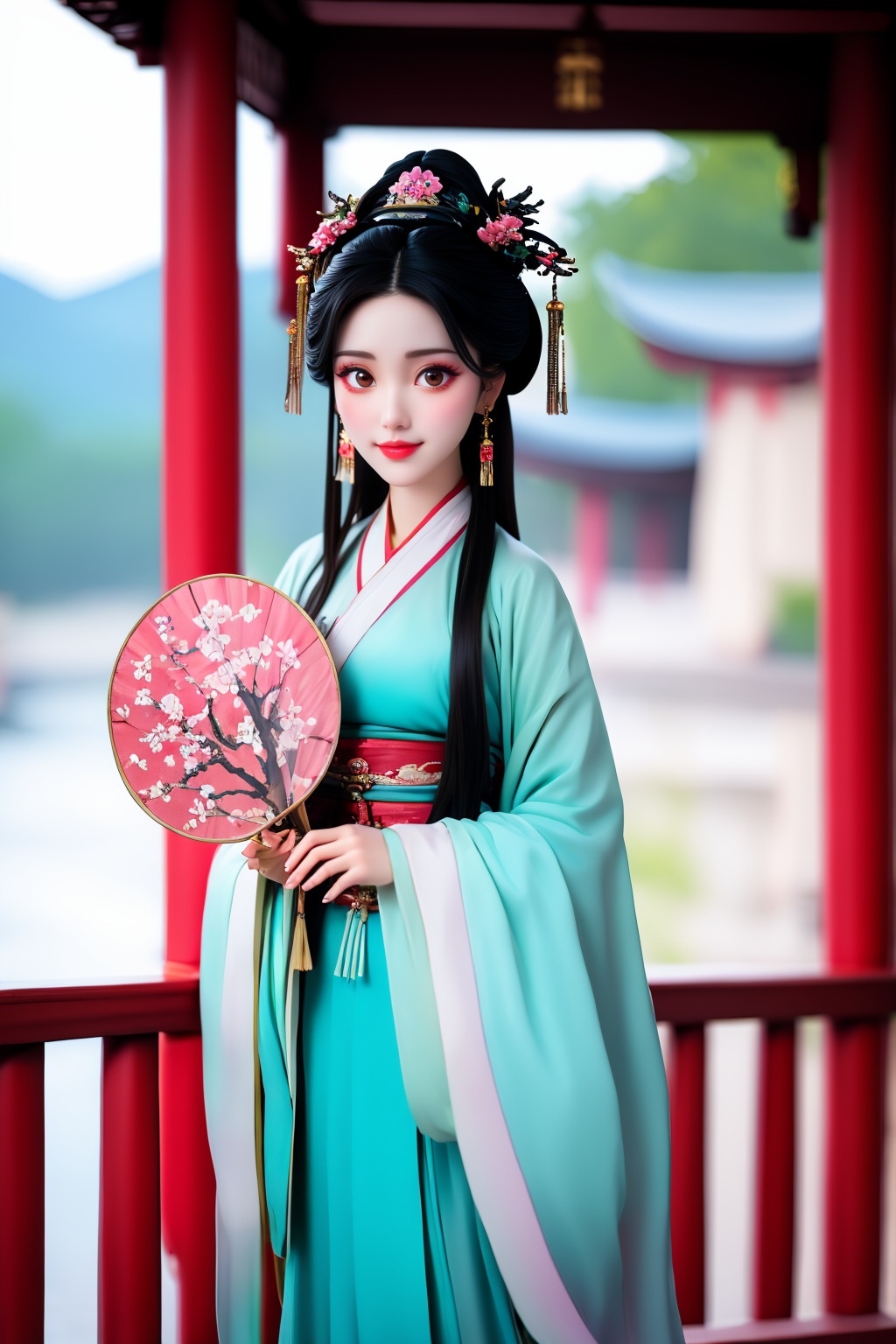 1girl, solo, hair ornament, hand fan, blurry background, chinese clothes, blurry, looking at viewer, realistic, hanfu, jewelry, holding, black hair, earrings, railing, outdoors  
