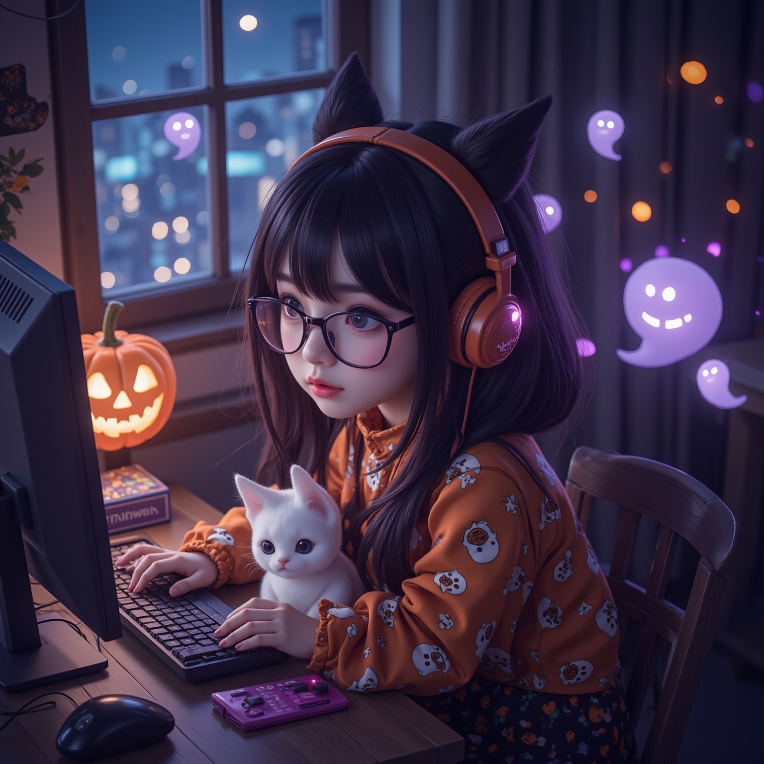 A cute chibi girl in Halloween costume working at a computer, wearing glasses, with an electric cat beside her; viewed from above in C4D style with soft lighting effects. Her desk has a pumpkin-shaped lamp, city nightscape visible through the window. The room is filled with adorable ghosts, full of details and vibrant energy, showcasing characteristics of 3D game art, high resolution, dreamy atmosphere, highlighted highlights, and clear outlines.
