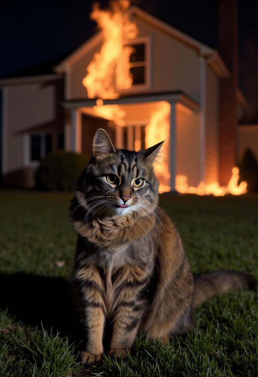 photograph of a fluffy,  medium-sized cat named Allie with a mottled coat featuring dark brown and black tabby stripes sit...