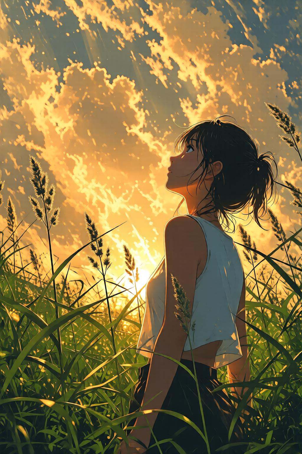 nijidigital3q anime illustration.Low-angle back view of a young woman standing amidst tall green grass. She is wearing a s...