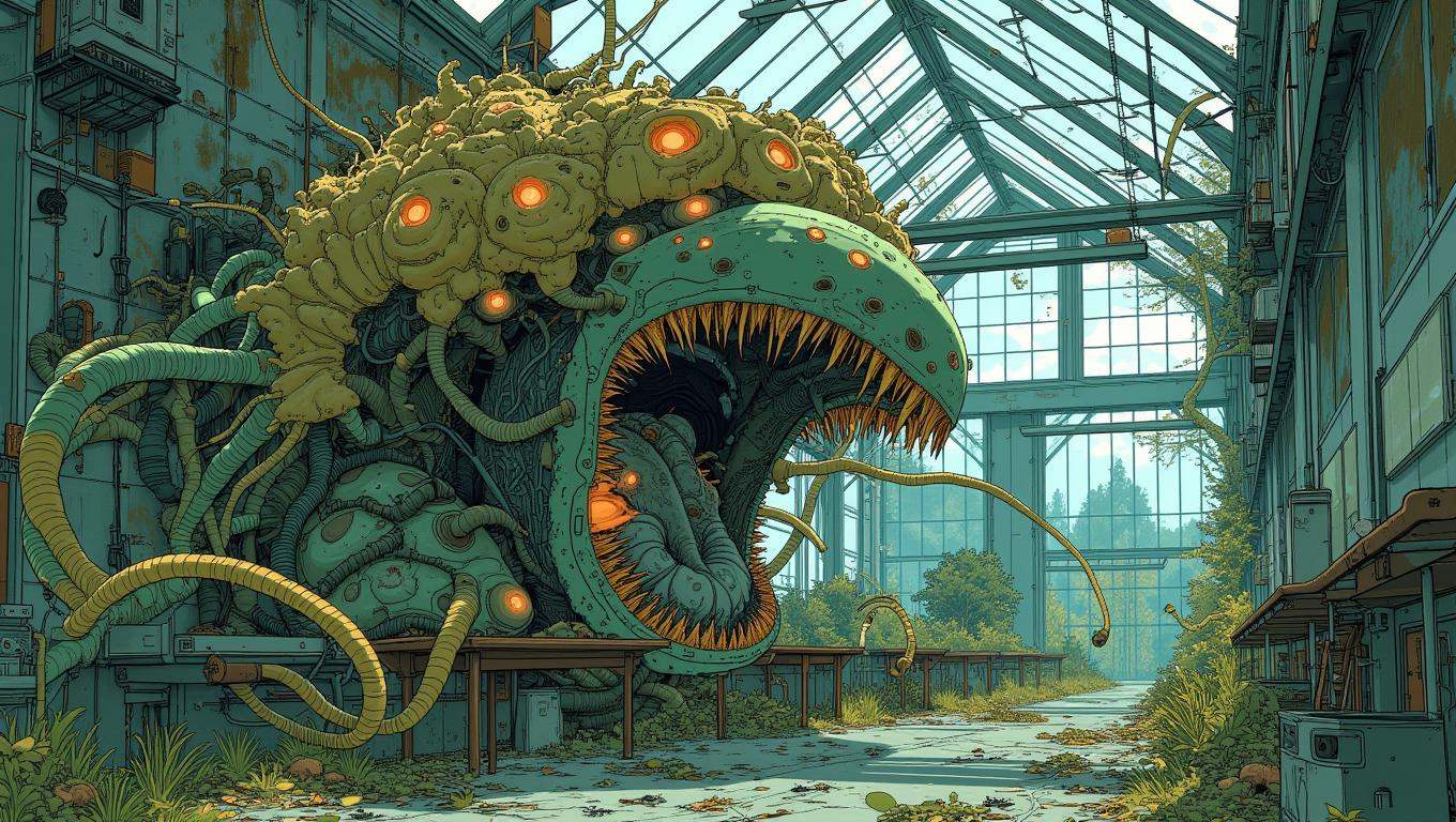 A monstrous,  oversized plant with sharp,  tooth-like thorns and vines that writhe like snakes on Tensor.Art