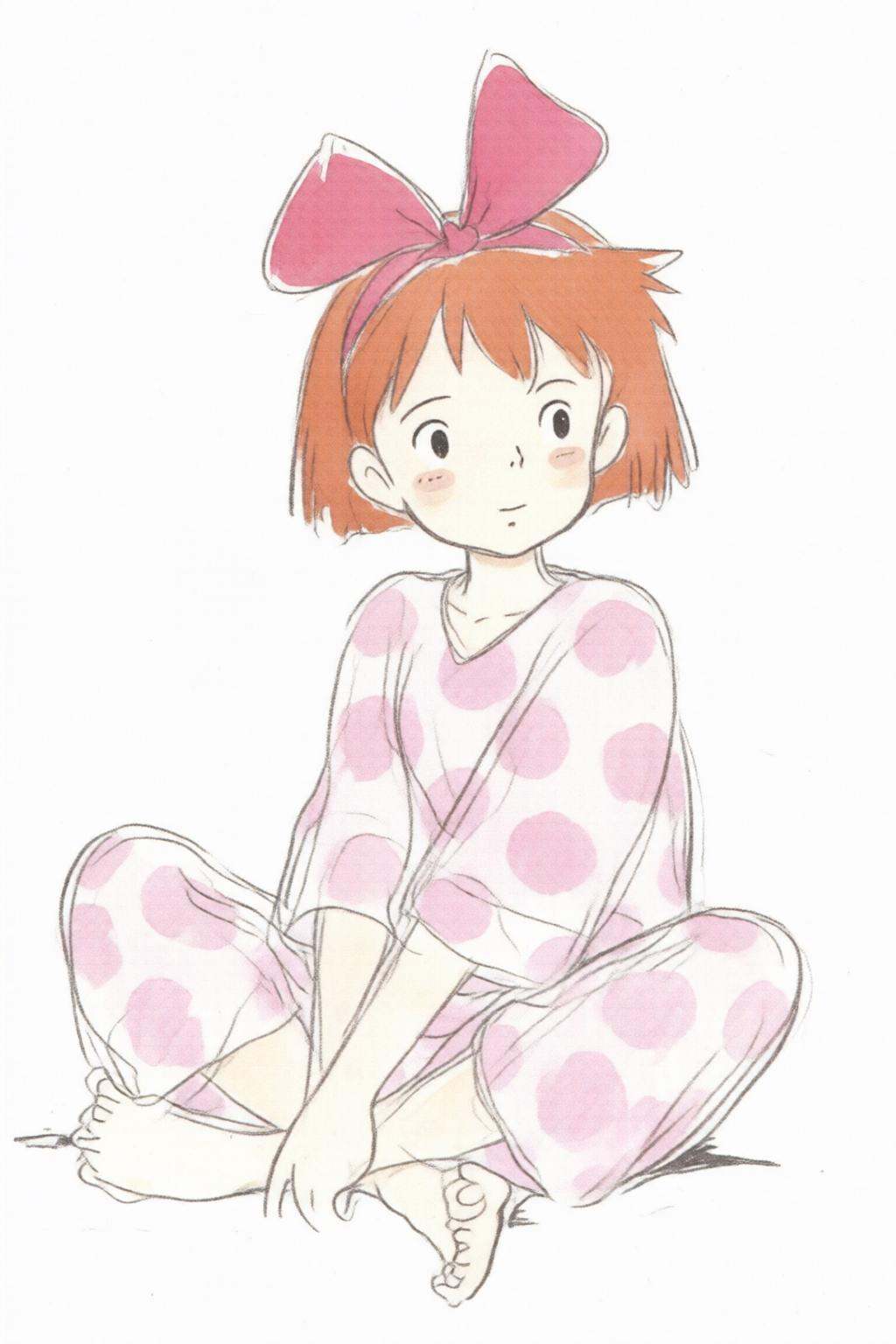hayaomiyazaki3q illustration.A young girl,  Kiki,  with short orange hair wearing a large pink bow on her head and pink po...