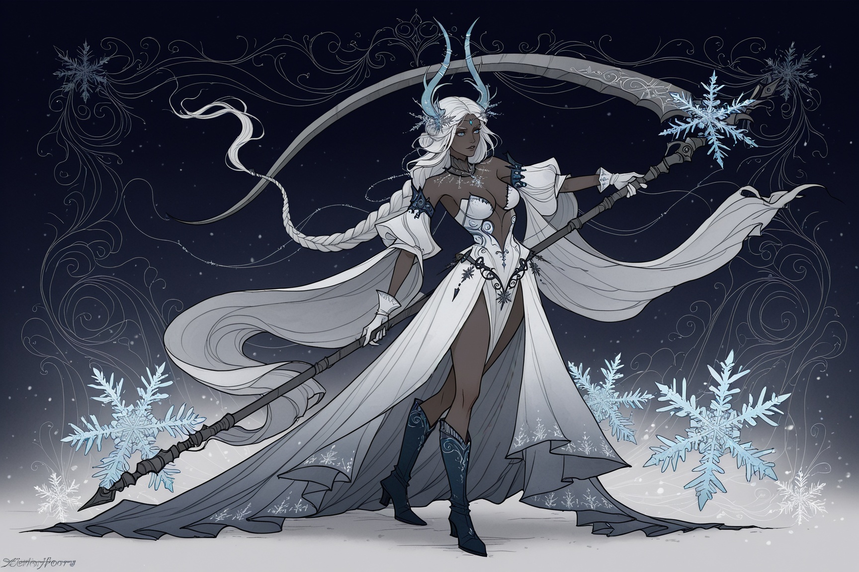 This is a digital drawing of an ethereal,  fantasy female character with dark skin and flowing white hair styled in a brai...