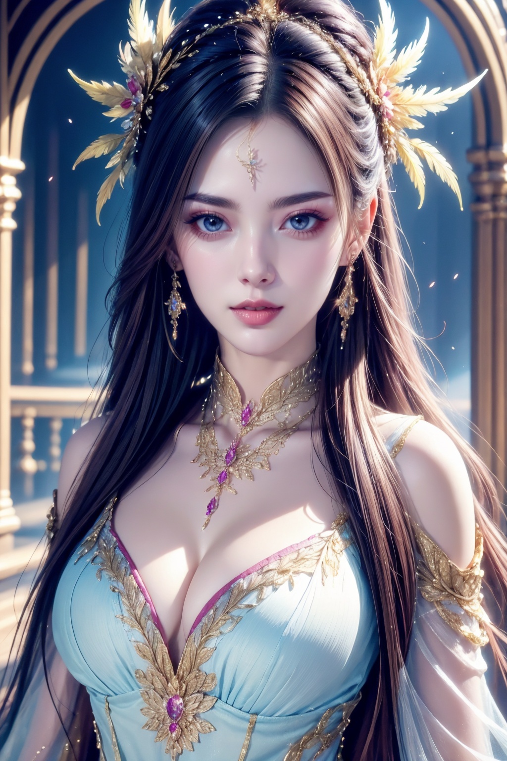 extremely detailed, 1girl, solo, long hair, jewelry, hair ornament, necklace, breasts, cleavage, original, dress, looking at viewer, feathers, pale skin, 