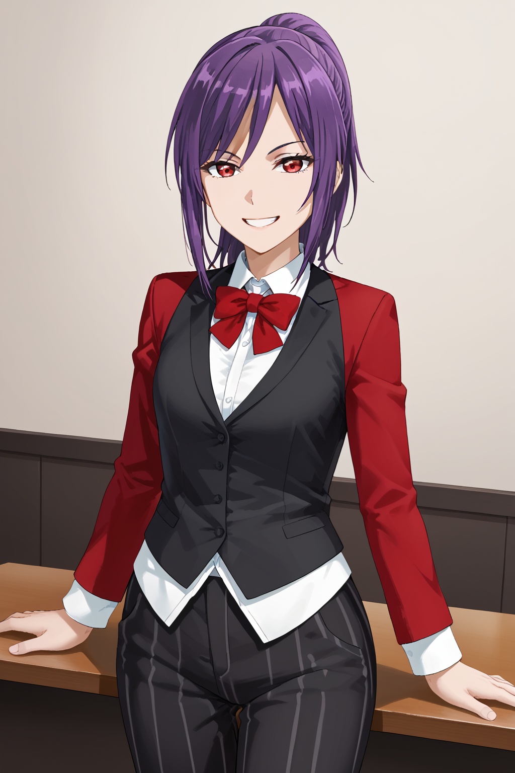 Seta Kaoru,smile, bangs, red eyes,ponytail, purple hair, sidelocks,<lora:熏-哈卡奈:0.8>