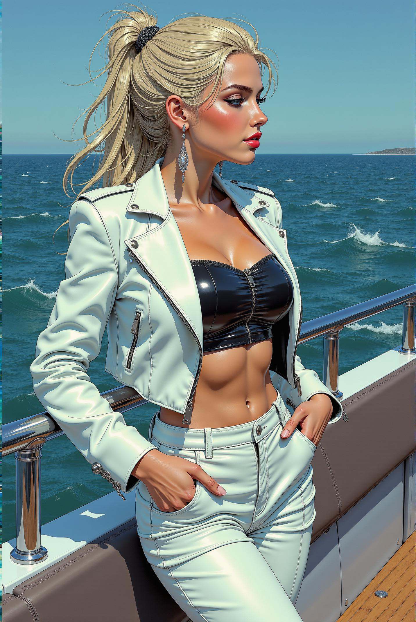 This image captures a elegant and confident young figure in a hyper-realistic comic book style,  with an emphasis on bold...