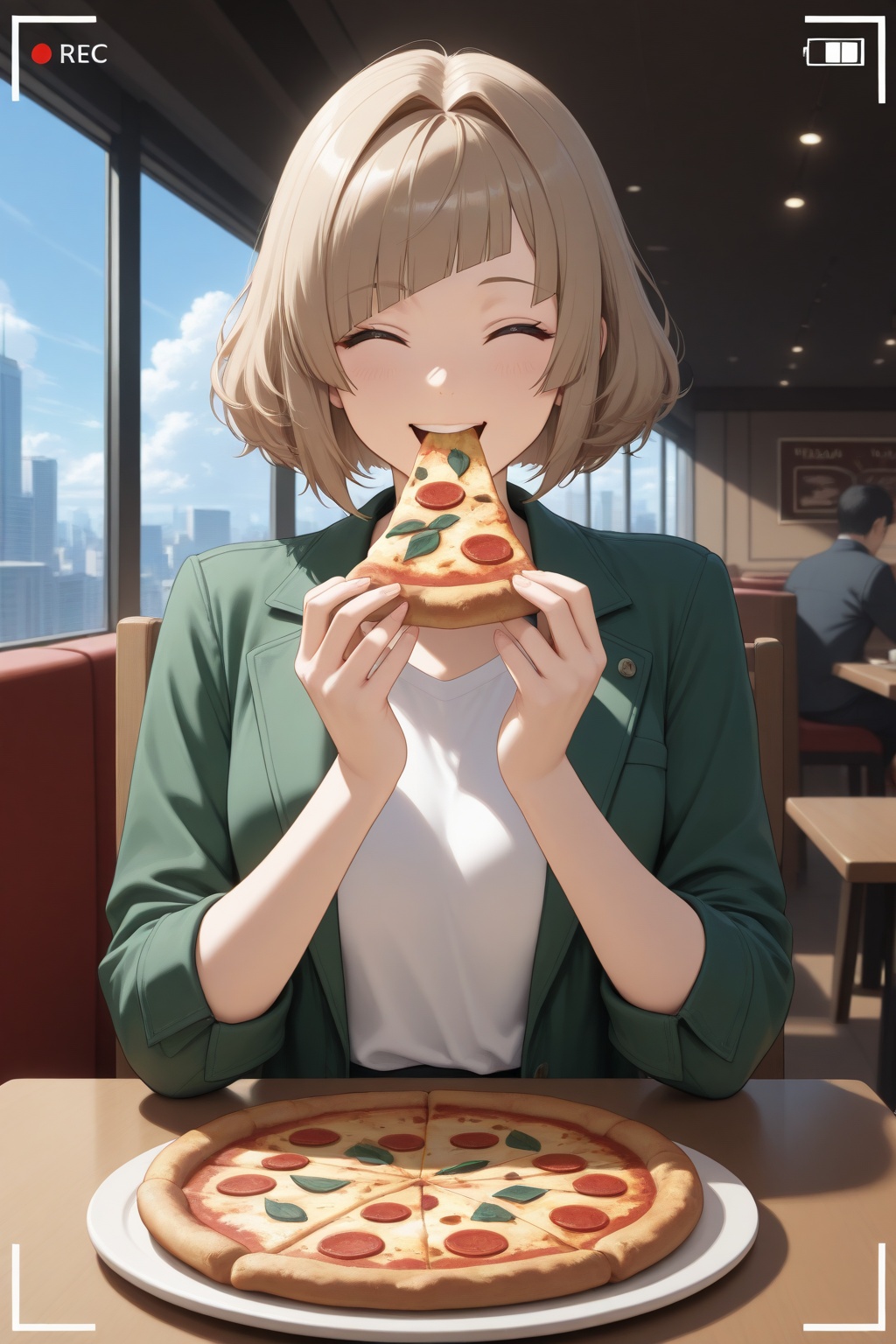 masterpiece, best quality, very aesthetic, ultra-detailed, incredibly absurdres, viewfinder, facing view, upper body, 1girl, solo focus, eating pizza, light brown, short hair, bob cut, hair intakes, wavy hair, diagonal bangs, happy, excited, green jacket, white shirt, restaurant, sitting on chair, table, indoors, volumetric lighting, window, city, blue sky, clouds, sunlight, shade