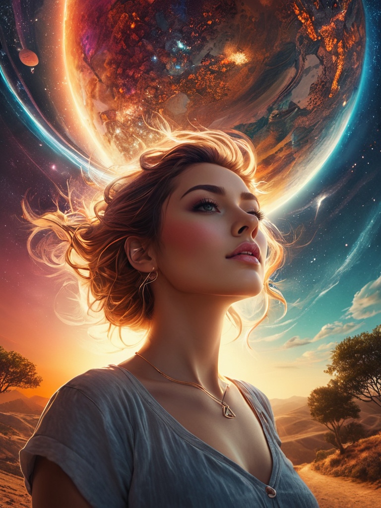 A high resolution photo of a realistic beautiful stunning (Woman) (Longing Sighing deeply while gazing into the distance.)...