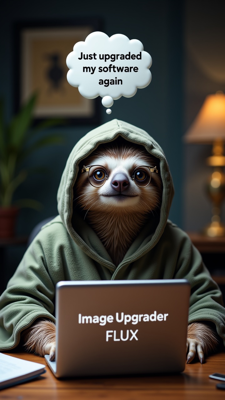 a professional photo of A sloth mit magic robe sitting at a desk with a tiny laptop,  wearing glasses and looking very ser...