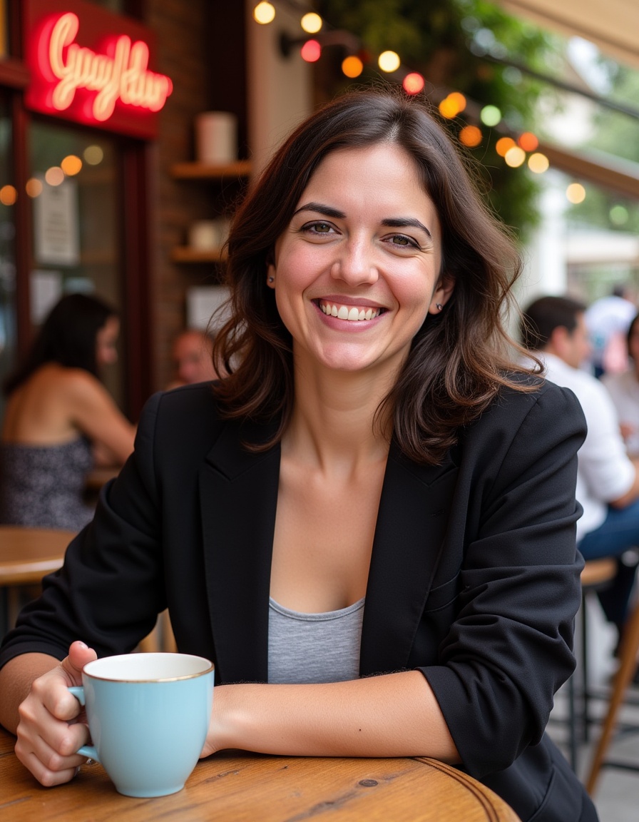 A charming street café scene featuring a woman in a black blazer sitting at a round table,  holding a light blue cup. The...