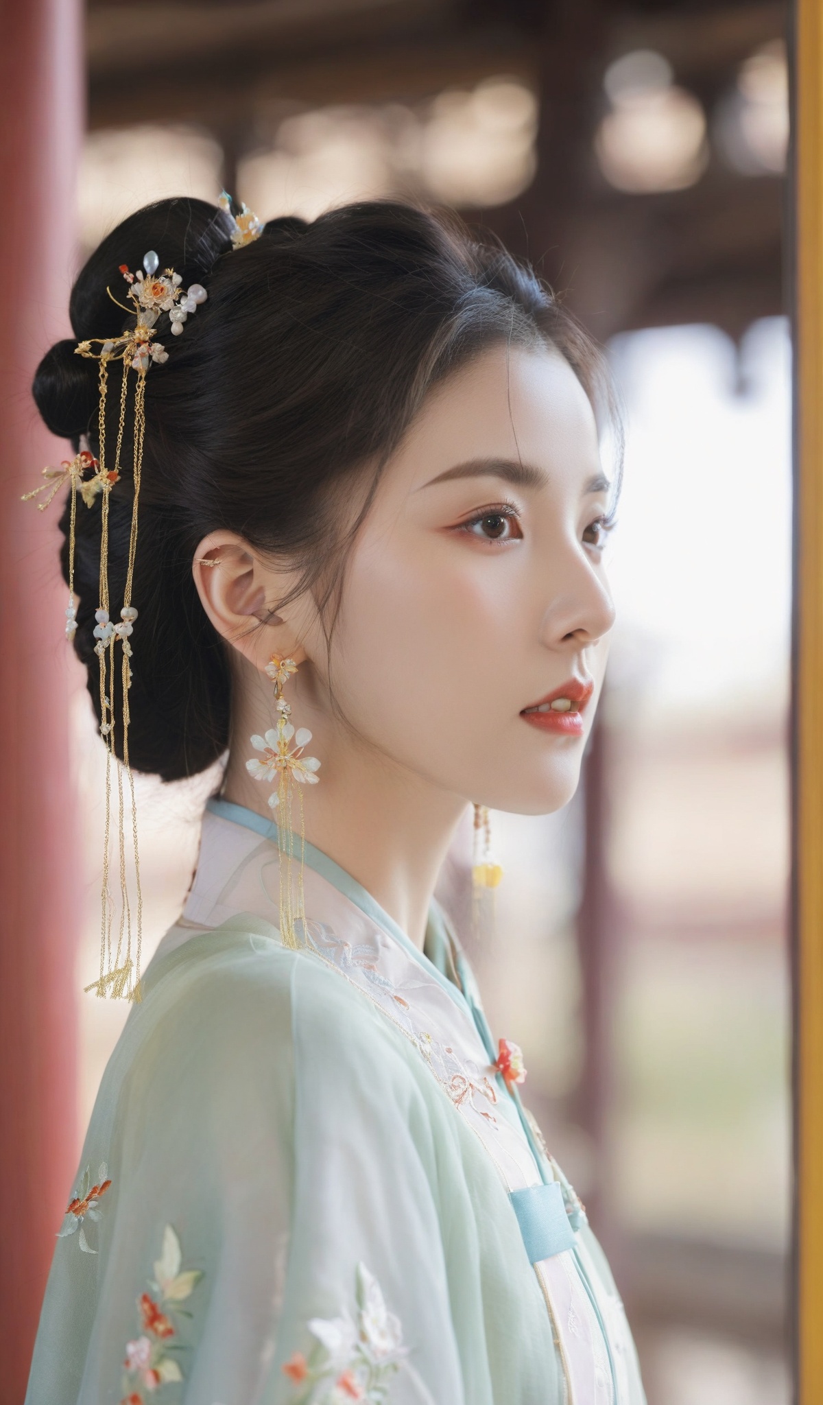 Realistic: 1.3, Masterpiece, Highest Quality, High Resolution, Details: 1.2, 1 Girl, Bun, Hairpin, Beautiful Face, Delicate Eyes, Tassel Earrings, Necklaces, Bracelets, Hanfu, Su Embroidered Hanfu, Streamers, Ribbons, Elegant Stand Posture, Aesthetics, Movie Lighting, Ray Tracing, Depth of Field, Layering,Fluttering, Hanfu, qingsha