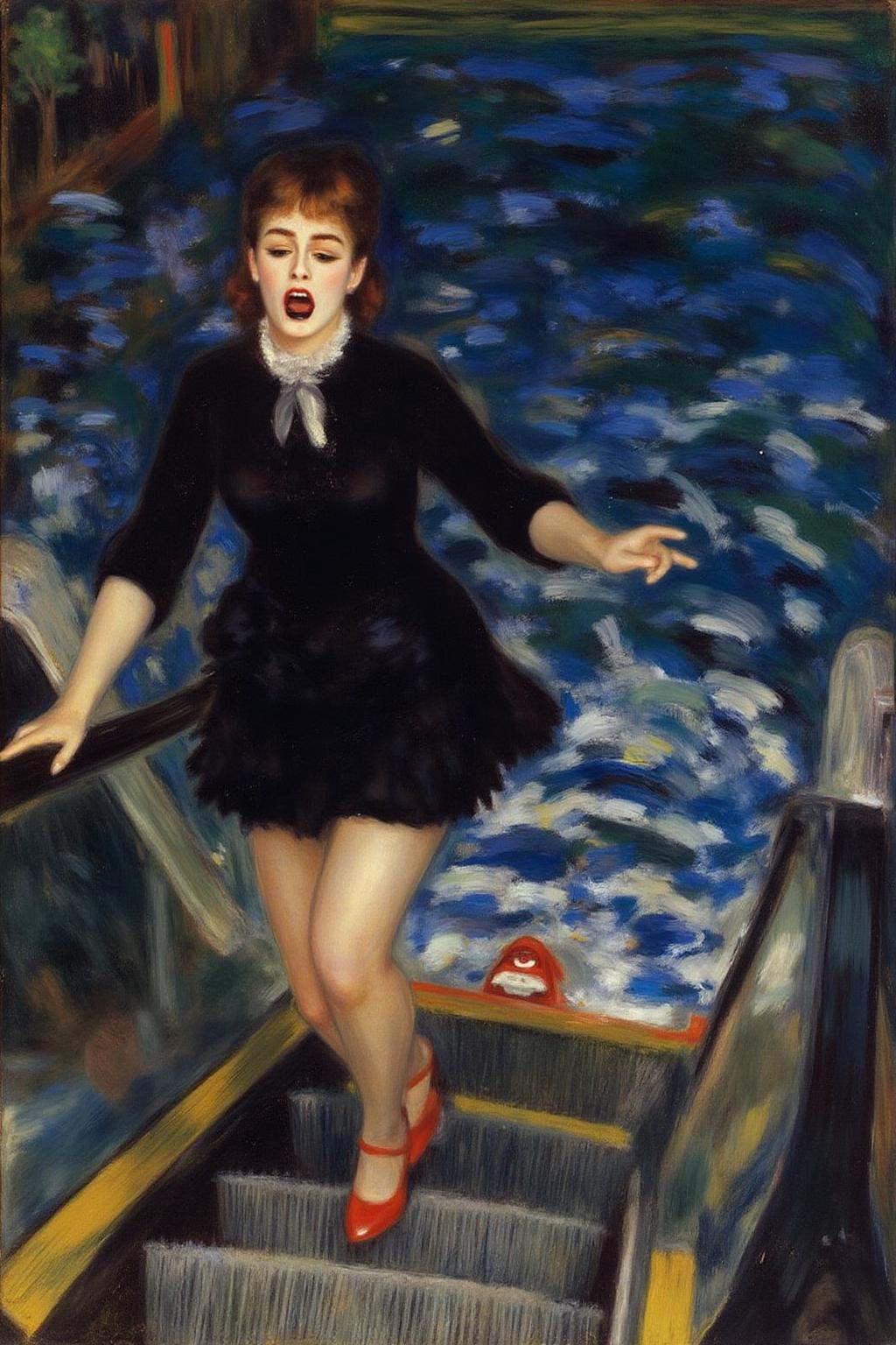 pierreaugusterenoir1 painting. A woman in a chic little black dress and red high heels,  gracefully descending an escalato...