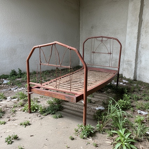Iron bed,  rusty patina,  propped up on one end and leaning against the wall of a Derelict and abandoned factory interior...