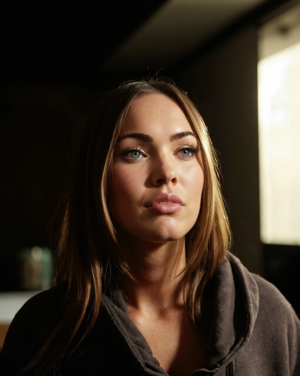 A high-resolution photograph of megan_fox with fair skin and long,  straight,  blonde hair that partially covers her face....
