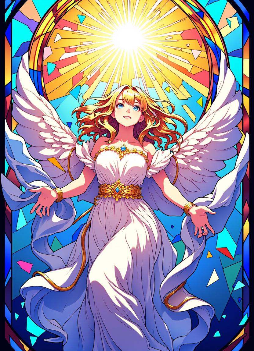 Anime stained glass style image showing A young woman in flowing white robes stretches her arms towards the heavens,  her...