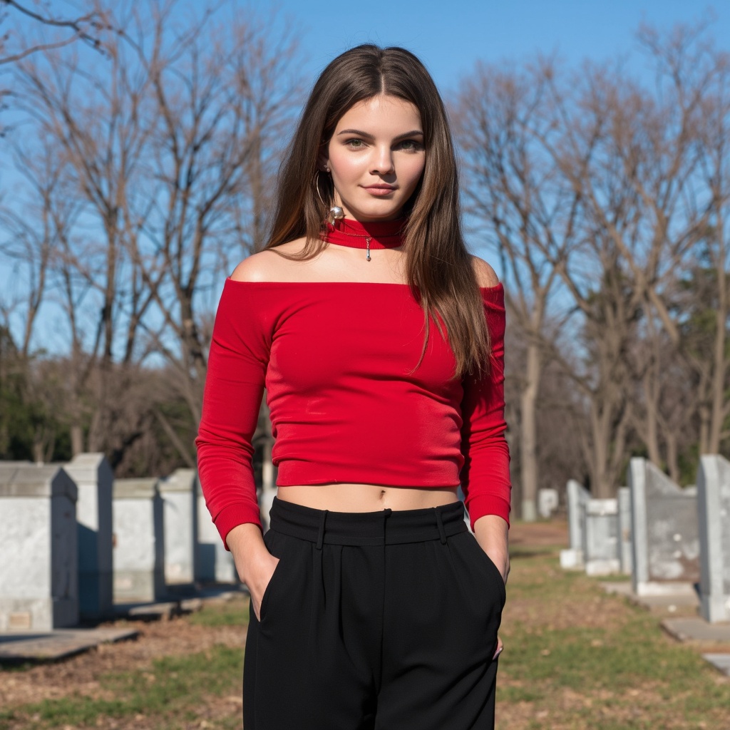 A portrait camren_bicondova standing outdoors in a cemetery. She wears a red, choker-necked top and black pants, accessorized with large hoop earrings. Her long, straight brown hair flows down her back. She stands confidently with her hands in her pockets, appearing relaxed and confident. The background shows a row of gravestones, bare trees, and a clear blue sky. The image style is candid and natural, capturing a moment of stillness and contemplation.
