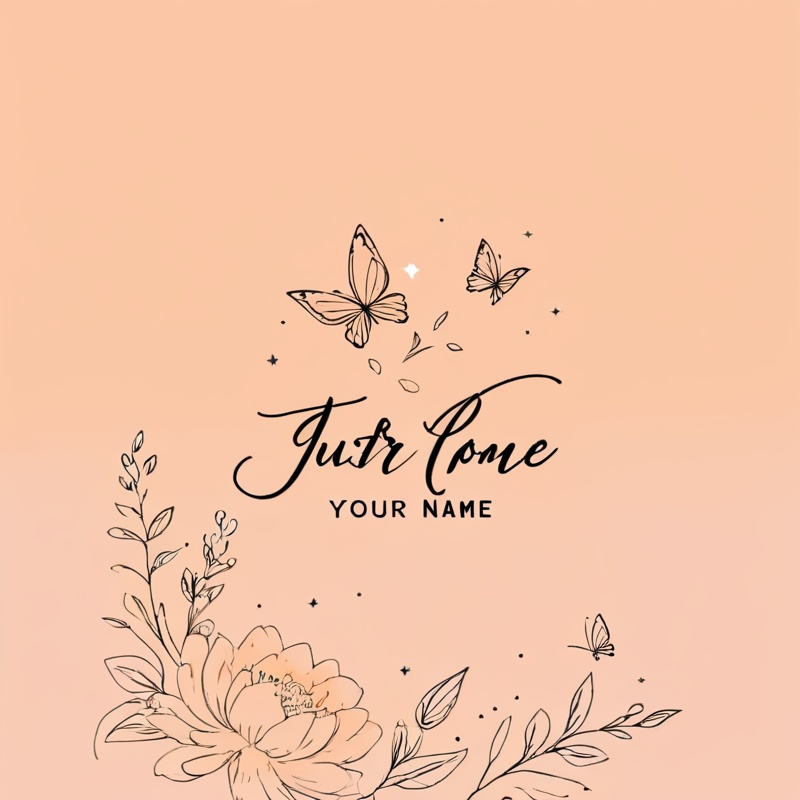 Black and white logo, butterflies flying on flowers, below cursive font "Your name", minimalist style, clean lines, geometric shapes, black, white, orange, gradient orange and brown background, natural light from top left, soft shadows,<lora:aki-INs网红图标-000008:0.8>,