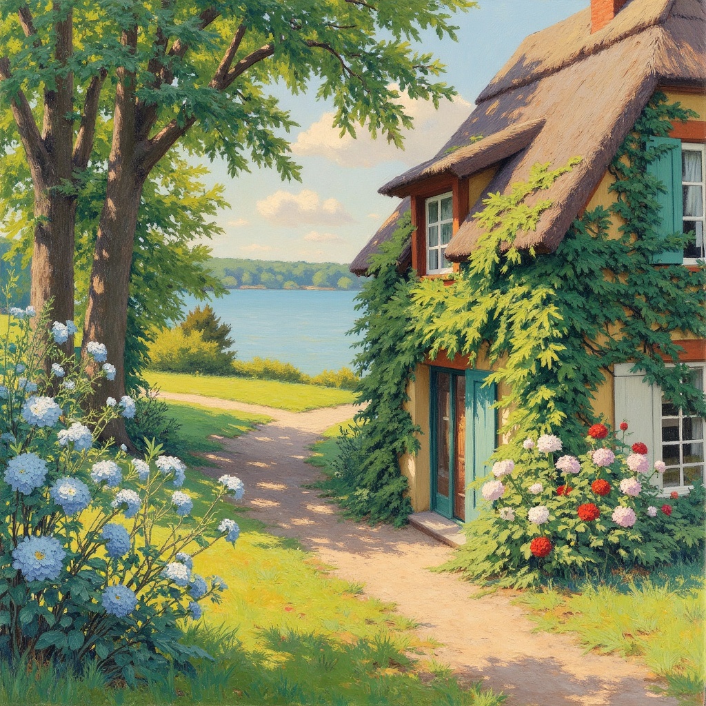 This is an impressionist painting by EdwardCucuel depicting a serene sunlit garden scene. A rustic ivy-covered cottage wit...