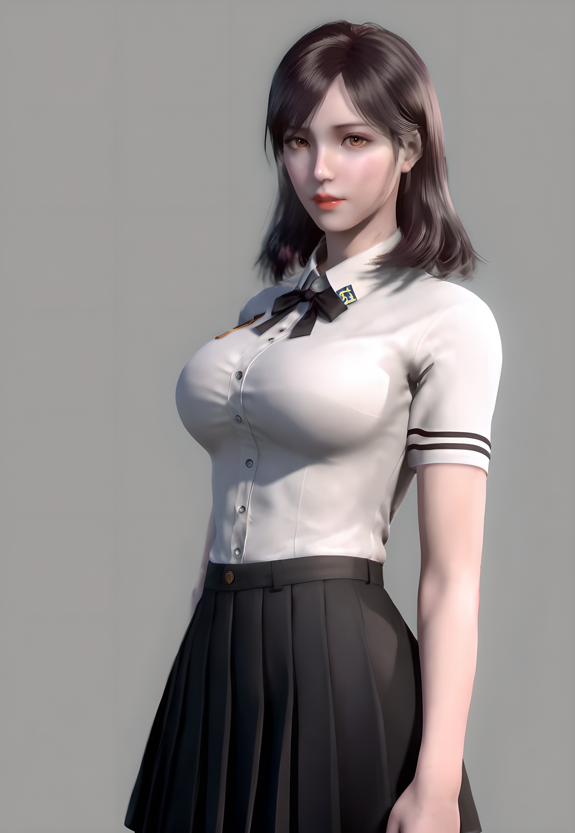 score_9,score_8_up,score_7_up,<lora:SF_XuXin_Pony-000004:0.7>,1girl,solo,standing,white school uniform,black skirt,breasts,large breasts,highleg,red lips,jewelry,looking at viewer,white background,