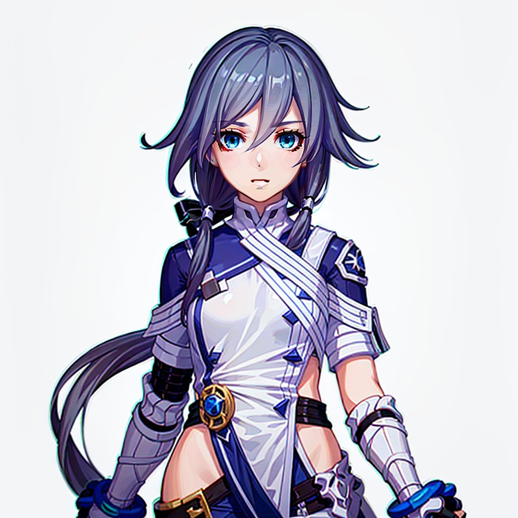 (white background:1.2),(SOLO:1.4),outline,(((simple background,))),,standing,looking at viewer,arms at side  fu hua, fu hua cgver, long hair, bangs, blue eyes, hair between eyes, grey hair, blue hair, ponytail, hair ornament<lora:符华-sd1.5-3.0:0.8>