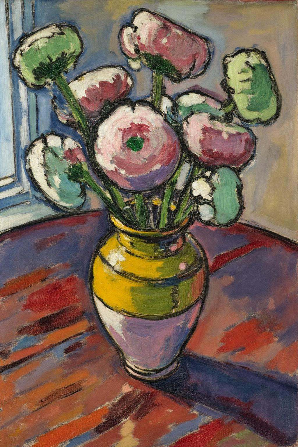 henrylymansayen1 painting.A still life with a yellow and green vase filled with pink and green flowers. The vase sits on a...