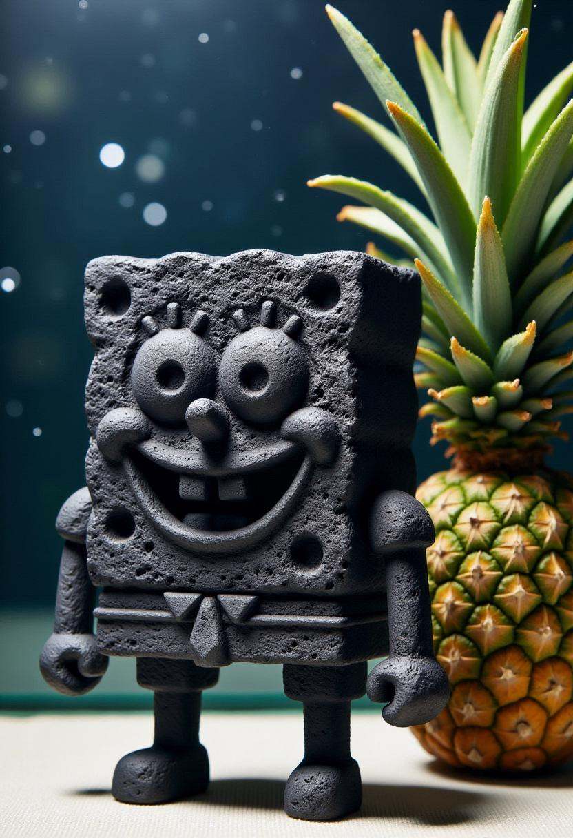 The image is a photograph of a coal statue shaped like SpongeBob SquarePants,  sitting in an aquarium full of water,  next...