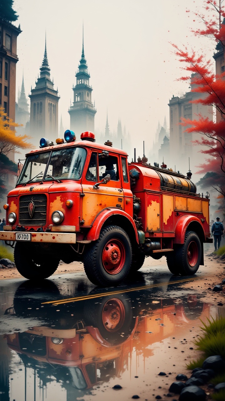 Colorfull,  batik of a Bright Fire truck,  Sharp and in focus on Tensor.Art