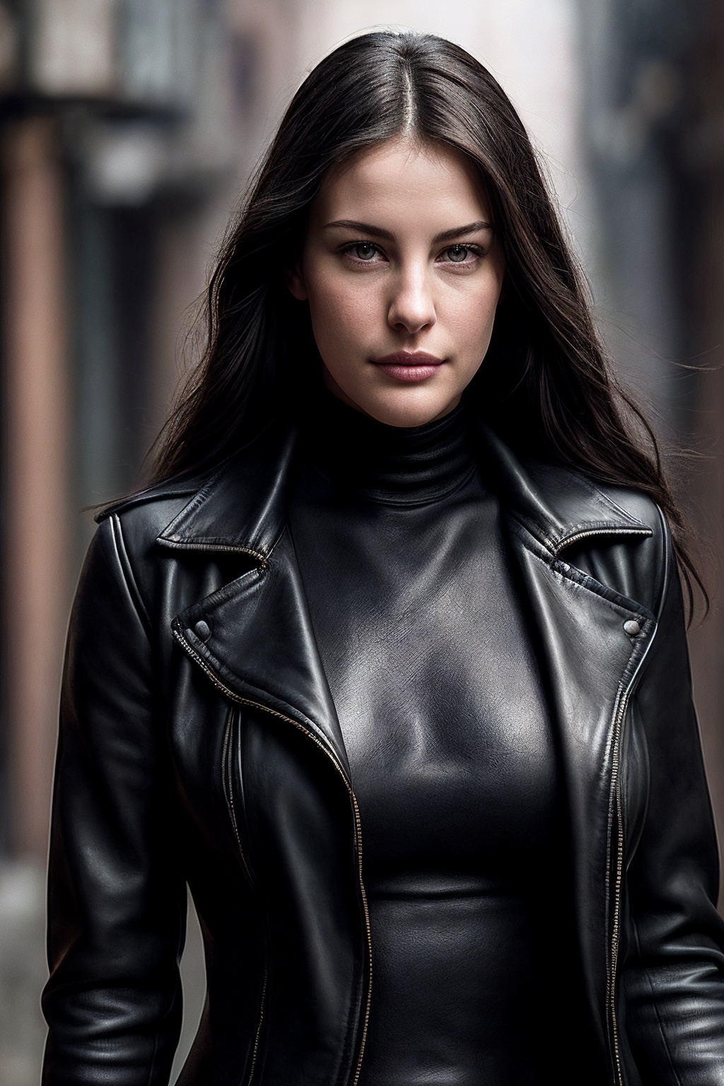 LivT_SoloTI_v1,  (In a sleek,  form-fitting black leather jacket layered over a fitted turtleneck on Tensor.Art