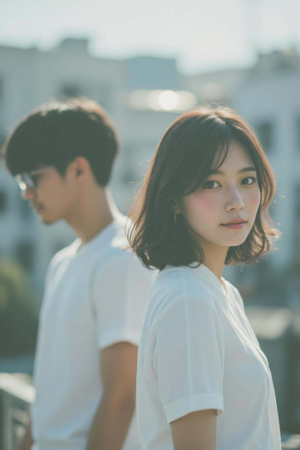midjourney analog photograph. Out of focus photo of a Korean man and a Korean woman,  shown in side profile,  both wearing...