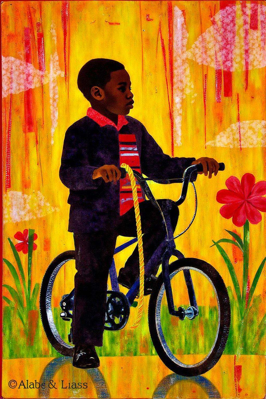 mixed media collage. a young African-American boy riding a bicycle. The boy is dressed in a black long-sleeved shirt,  bla...