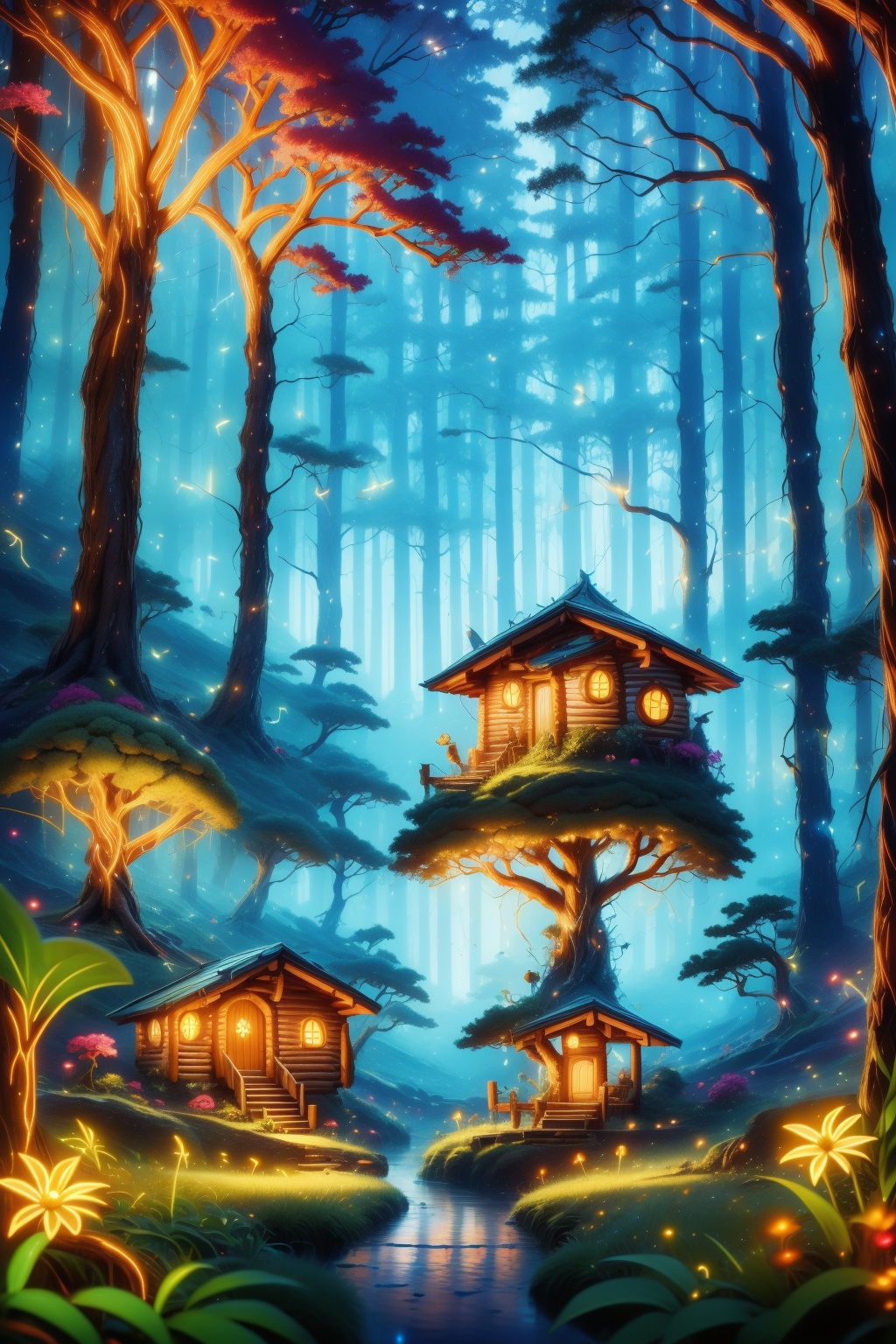 <lora:AgainWonderlandForest:1>,AgainWonderlandForest, (cabin:1.2), no humans, scenery, tree, night, outdoors, nature, star \(sky\), flower, sky, starry sky, night sky, forest, glowing flower, plant, reflection, (fireflies:1.4), fantasy, grass, light particles, leaf, rock, light, pink flower, blue flower, (grass road:1.3), bush,