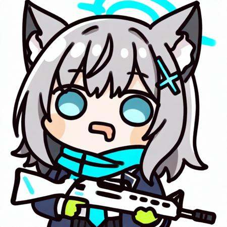 masterpiece,best quality,<lora:drooling_ill-xl-000002:1>,chibi,drooling,mouth drool,upper body,open mouth,1girl, shiroko_\(blue_archive\), animal_ears, halo, wolf_ears, solo, weapon, gun, scarf, holding, blue_eyes, assault_rifle, grey_hair, holding_weapon, chibi, jacket, blue_scarf, school_uniform, hair_ornament, cross_hair_ornament, animal_ear_fluff, skirt, simple_background, holding_gun, gloves, white_background, sig_sauer, rifle, looking_at_viewer, shirt, white_shirt, open_clothes,