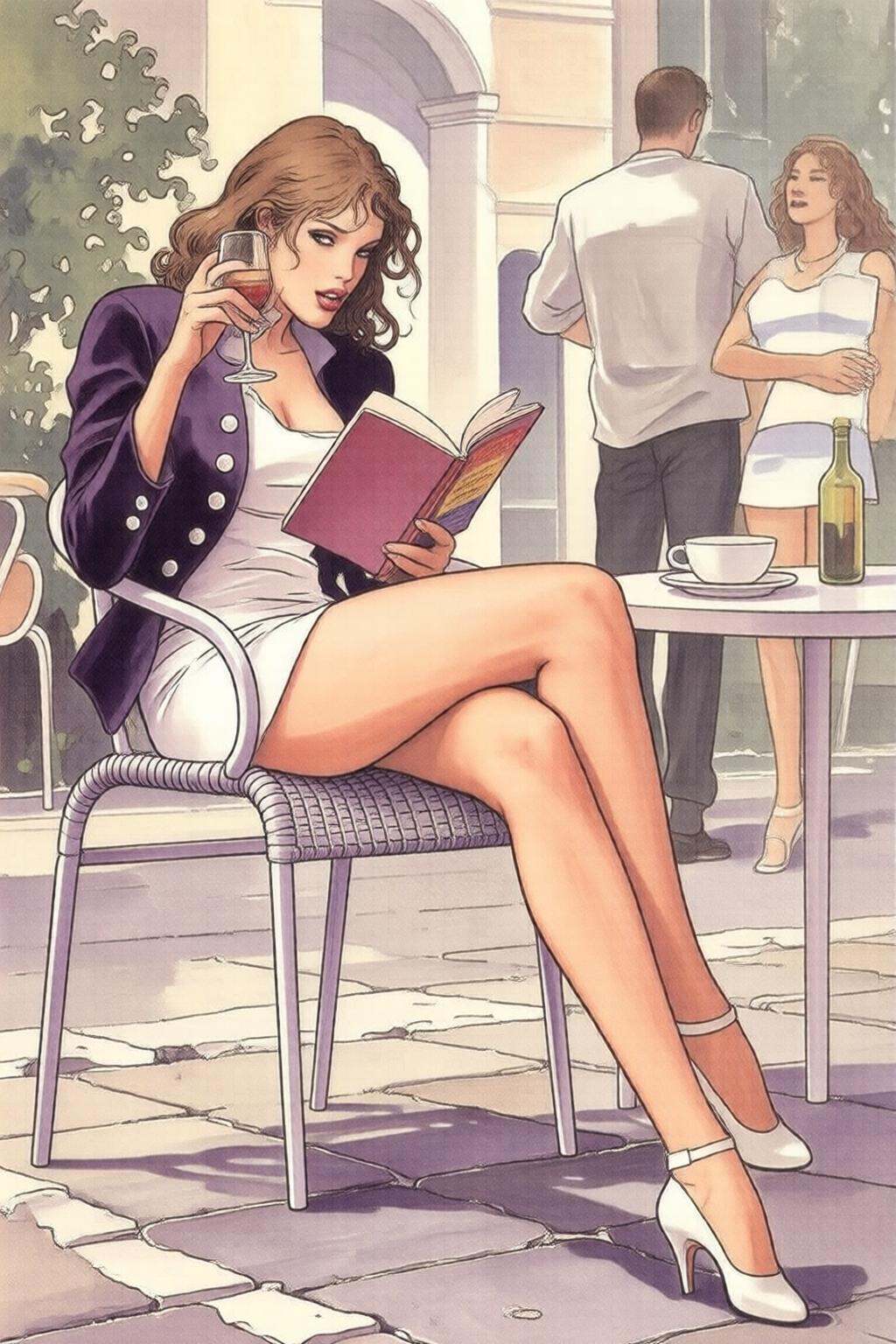 milomanara7q illustration. A woman sitting on a chair reading a book. She is holding a wine glass in her right hand. She i...