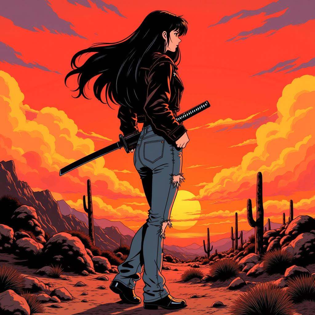 Anime_martz,  anime_retro,  A retro anime heroine stands tall in a post-apocalyptic desert on Tensor.Art