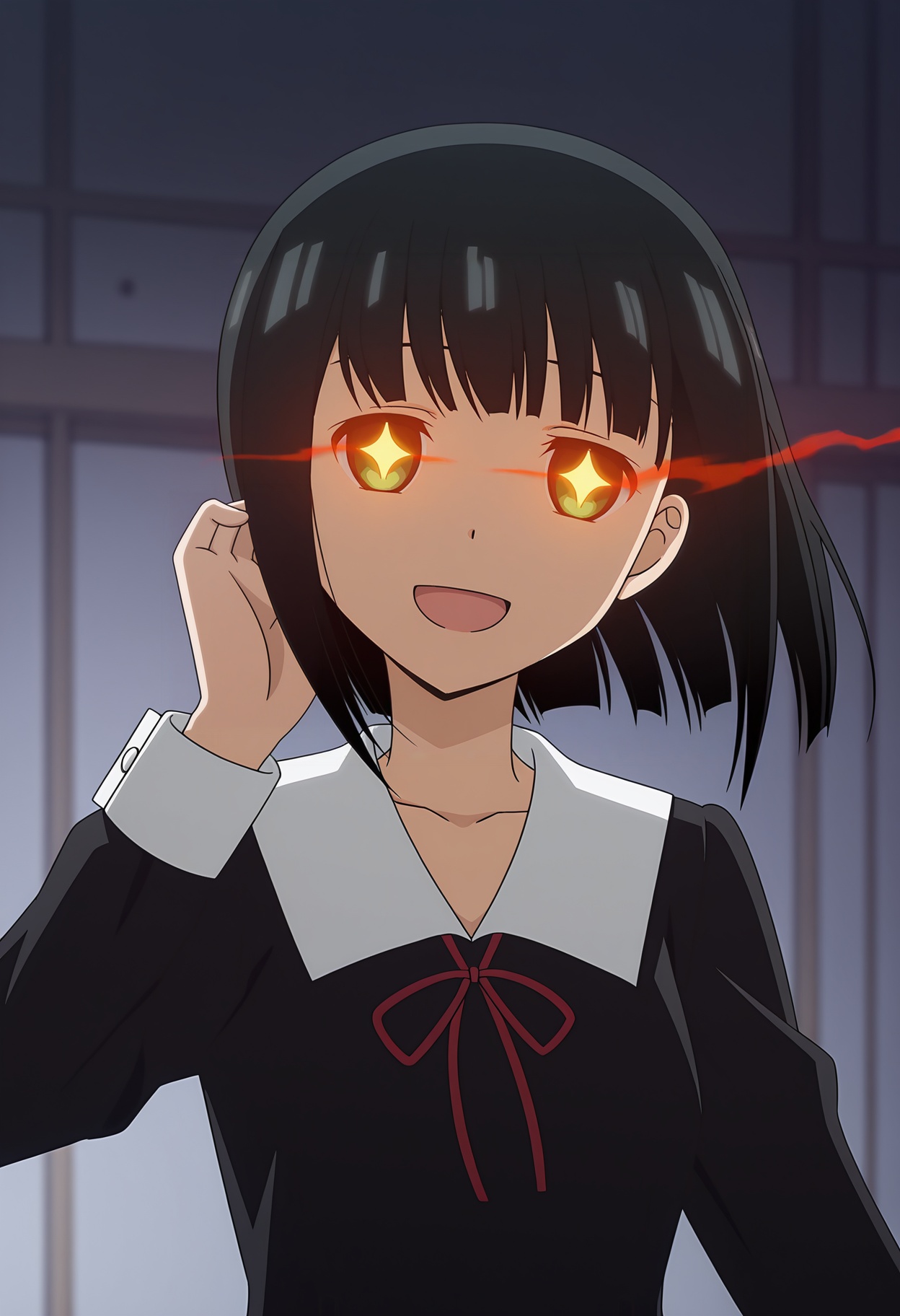 <lora:Makihara Kozue_illustrious-000020:1>,Makihara Kozue,school uniform,open mouth,smile,red ribbon,+_+,glowing,ribbon,:d,collarbone,black dress,neck ribbon,dress,long sleeves,glowing eyes,glowing eye,anime screencap,1girl,solo,black hair,