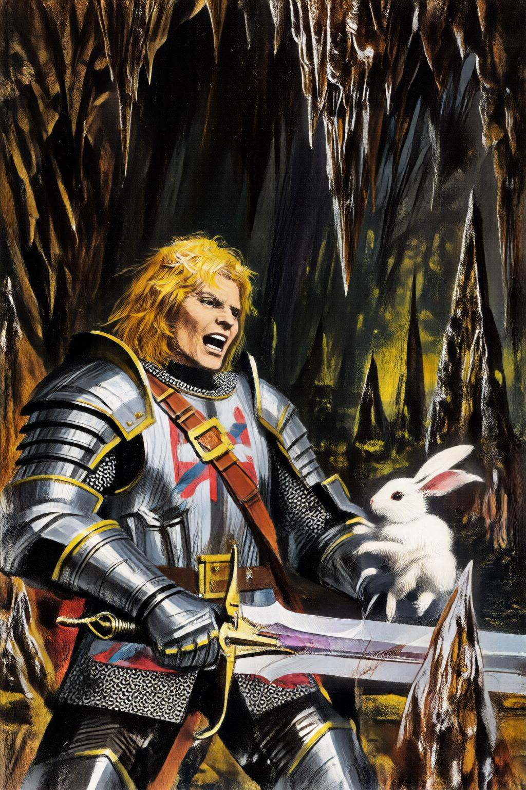 giannirenna2q illustration. A blonde knight fighting a small white rabbit. The blonde knight,  adorned with shining armor...