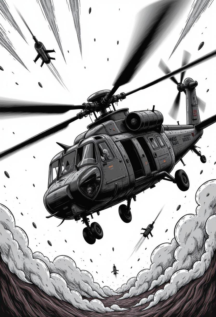 ckcmc comic style,  an black and white airwolf helicopter is performing an maneuver,  dodging heat seaking missles on Tens...