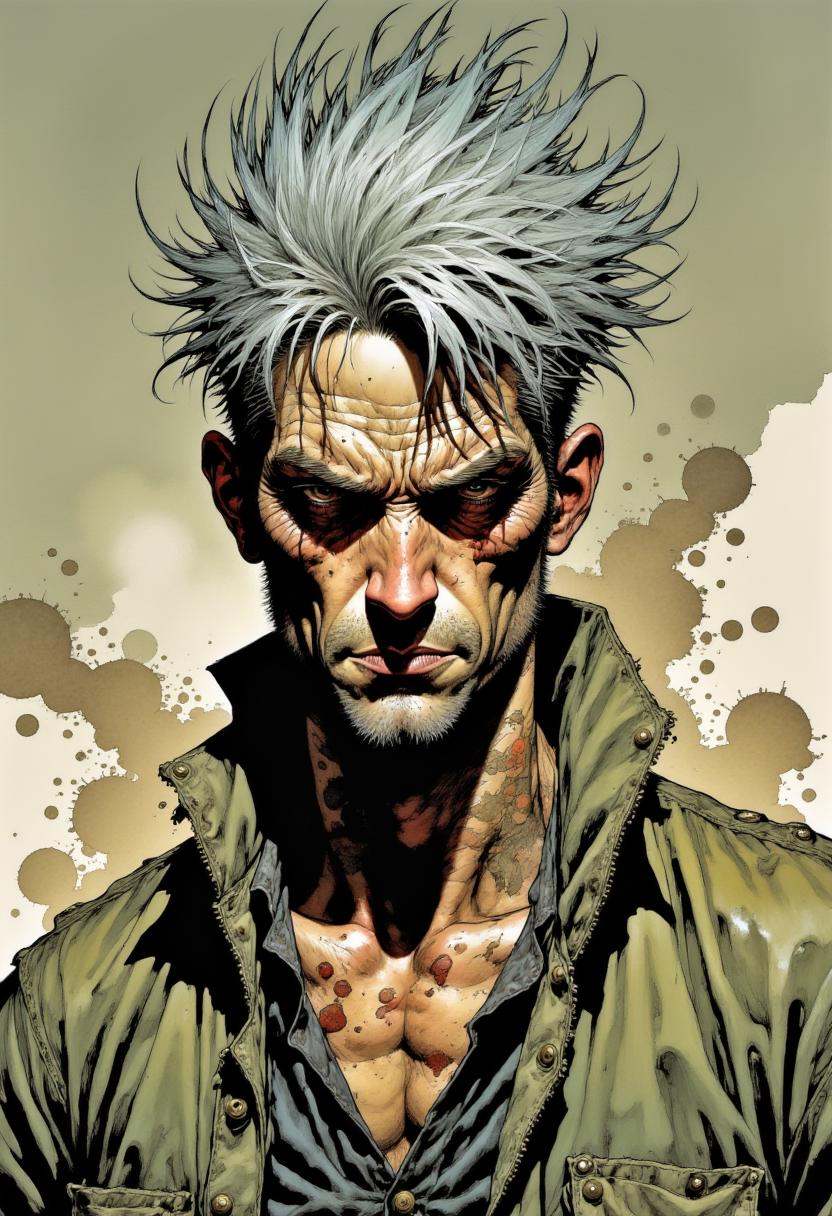 This image is a highly detailed,  digital artwork depicting a close-up of a man's face. The subject has wild,  spiky on Te...