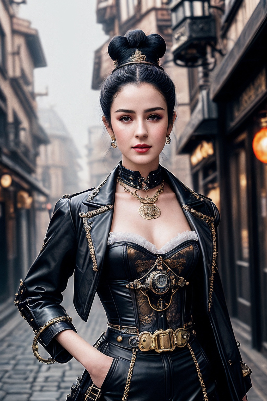 VG09_SoloTI_v1,  (Donning a tailored corseted jacket adorned with brass gears and leather accents,  paired with high-waist...
