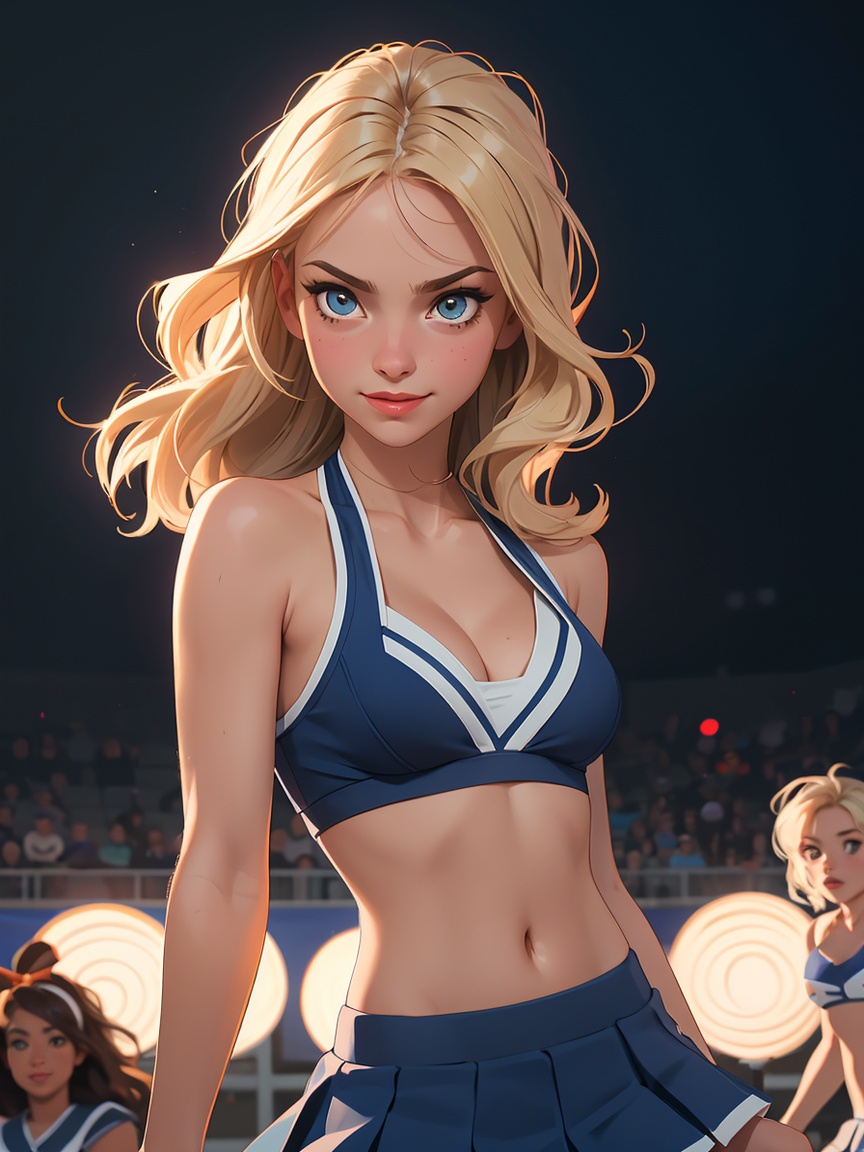 blonde,  cleavage,  1 cute athletic girl wearing sleek thin cheerleader bikini top and skirt. Perfect tits. Highly detaile...
