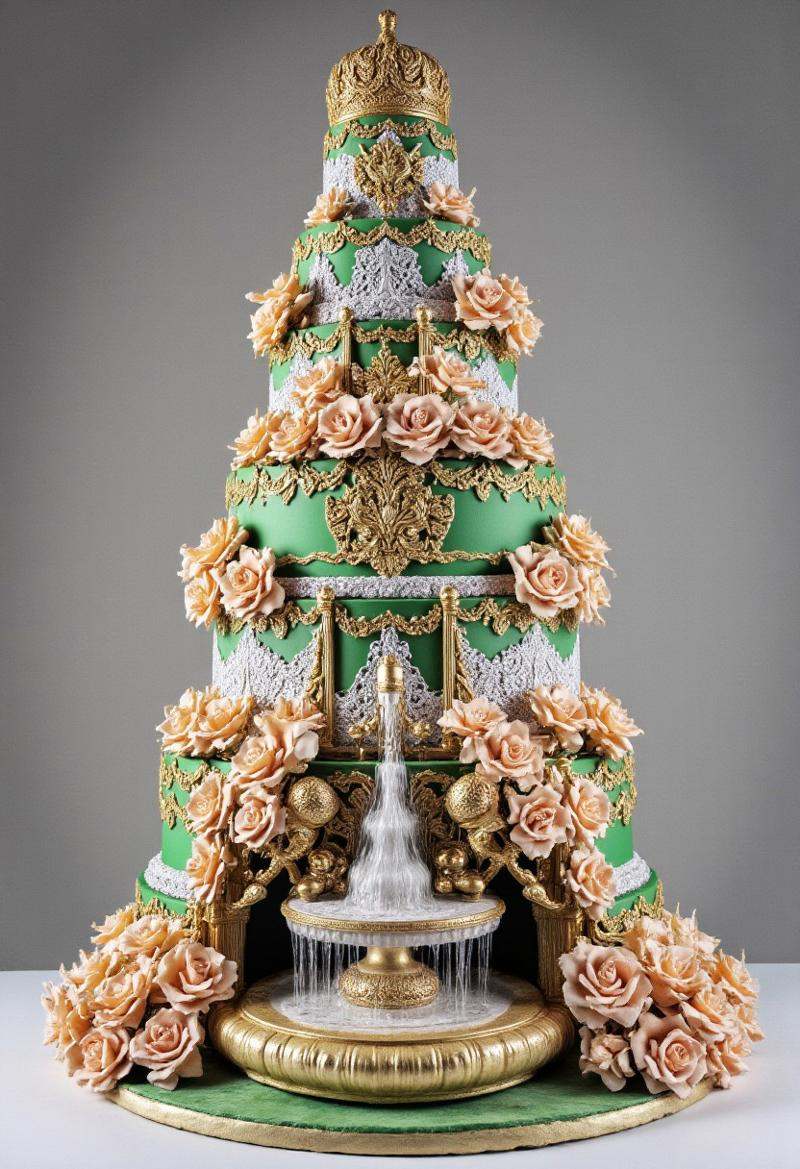 An 8-tiered wedding cake inspired by the crown jewels of European royalty,  featuring floating tiers shaped like baroque p...