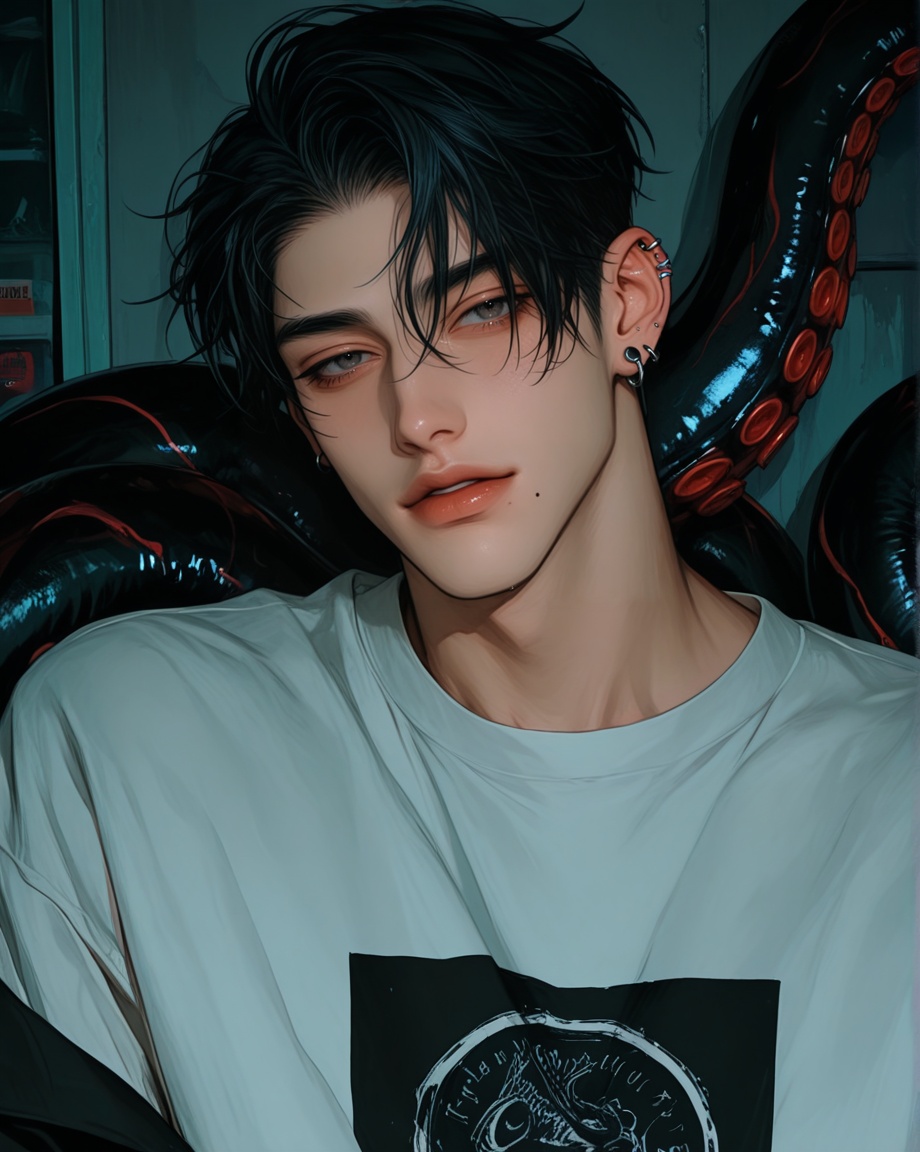 1boy,  black_hair,  ear_piercing on Tensor.Art