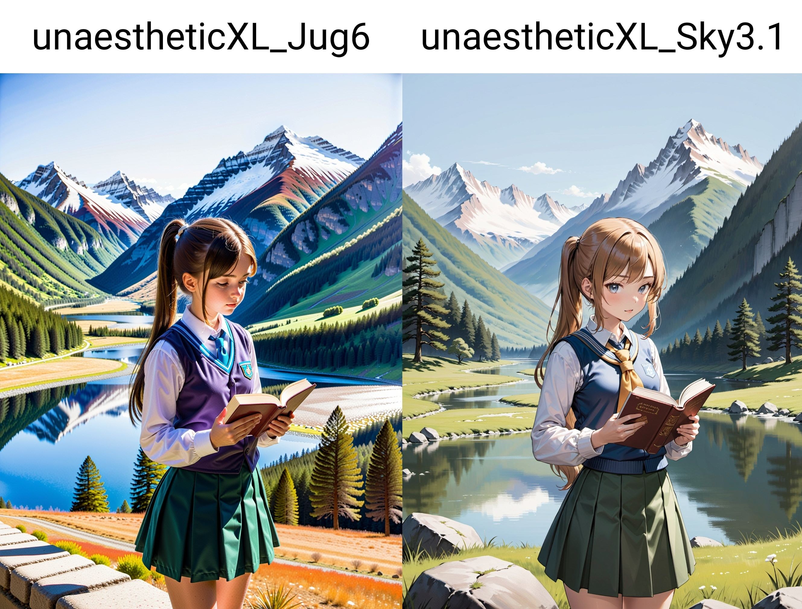A young girl with a ponytail and wearing a school uniform is situated against the backdrop of a serene mountain range. Sno...
