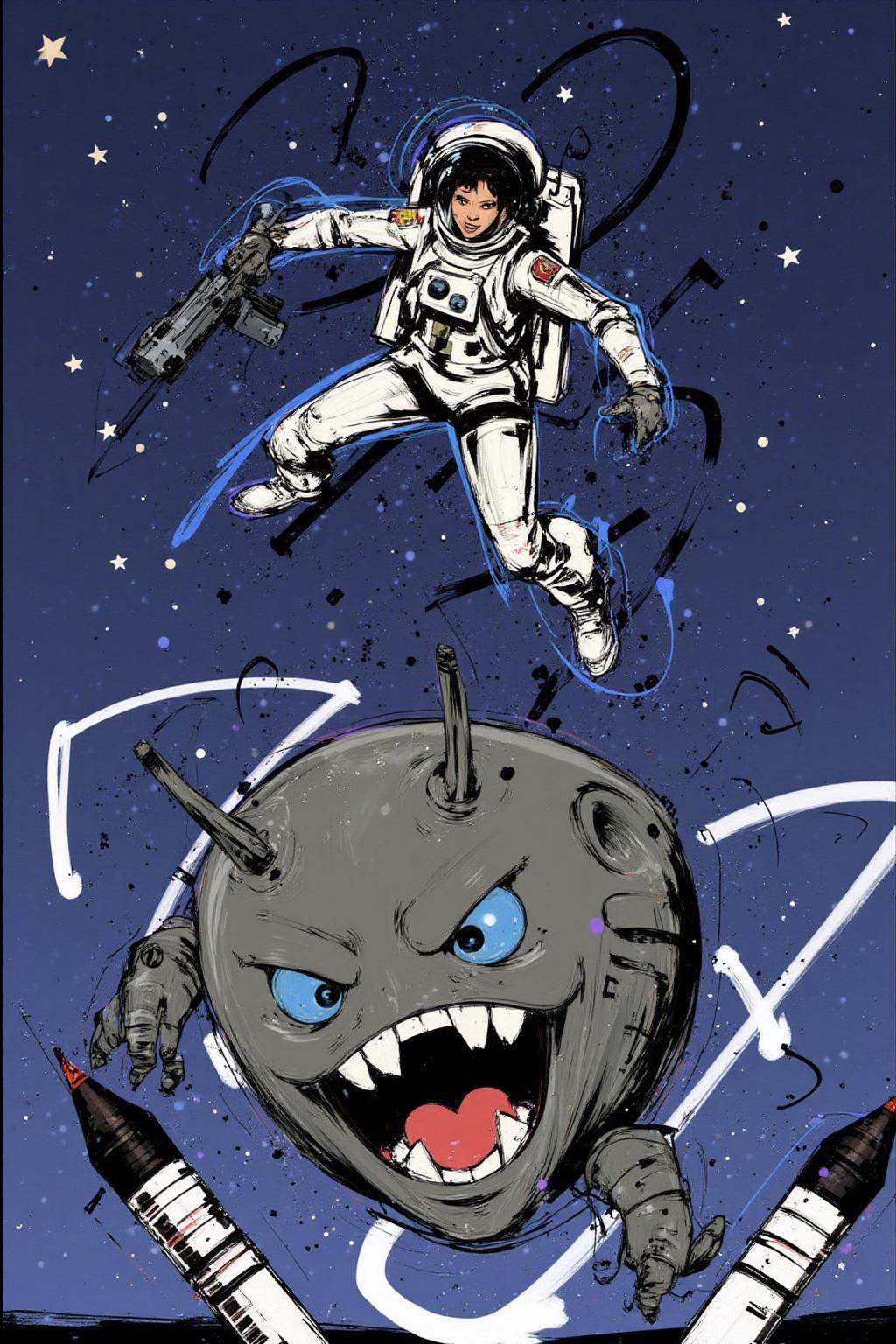 poster illustration.A female astronaut is shown mid-flight,  wearing a white spacesuit with black accents and a helmet. Sh...