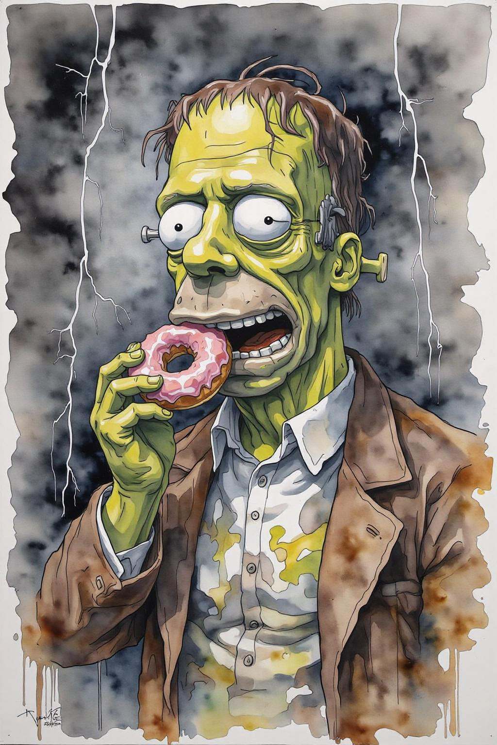 yawc1 watercolor. Homer Simpson dressed as Frankenstein,  eating a doughnut during a thunderstorm on Tensor.Art