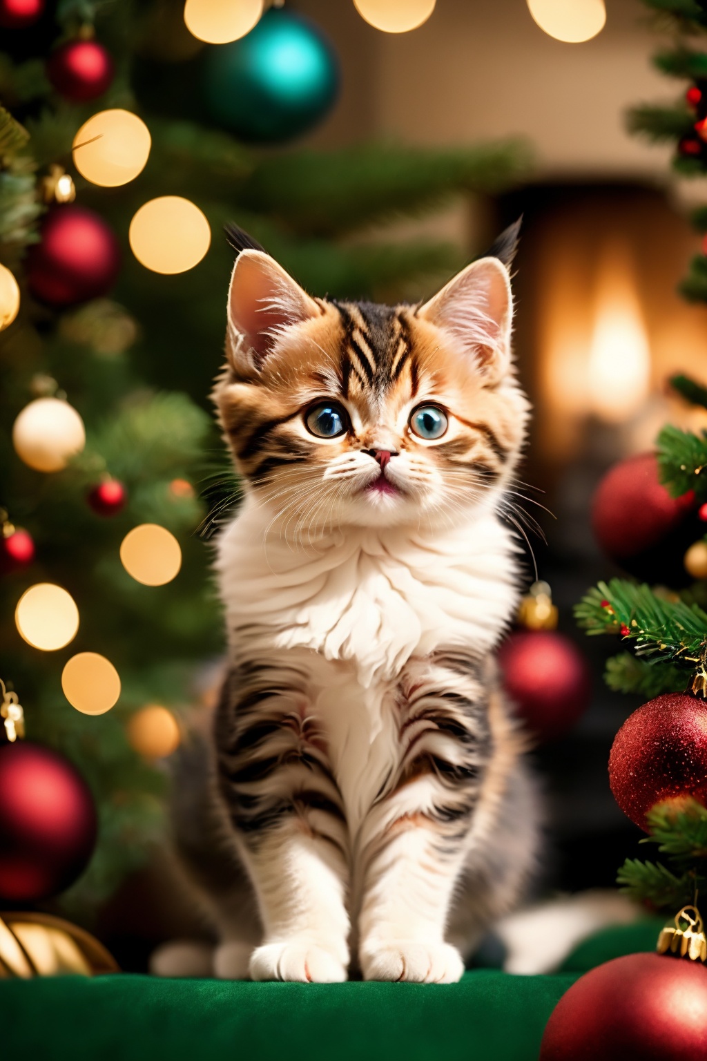 <lora:AgainChristmas_v1:1>, no humans, christmas tree, cat, blue eyes, whiskers, animal focus, blurry, animal, christmas, christmas ornaments, blurry background, solo, christmas lights, depth of field, looking at viewer, ornament, plant, closed mouth, bokeh