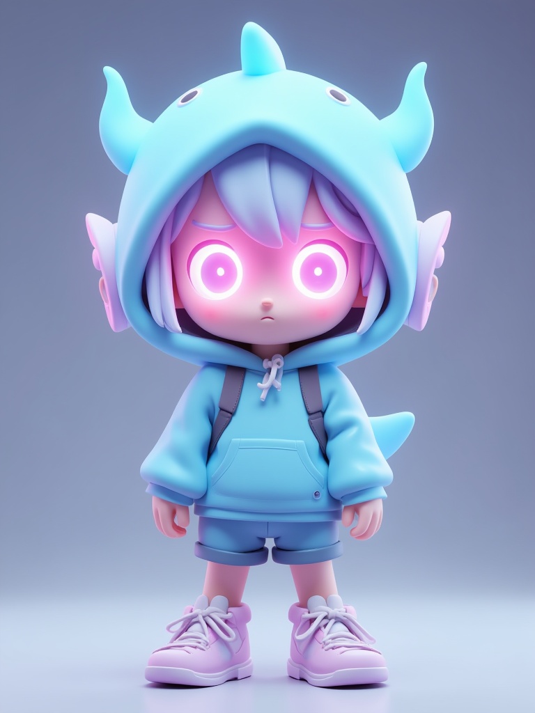 niji style,  A 3D animated figure stands on a gray surface. The figure is wearing a light blue helmet. The helmet is shape...