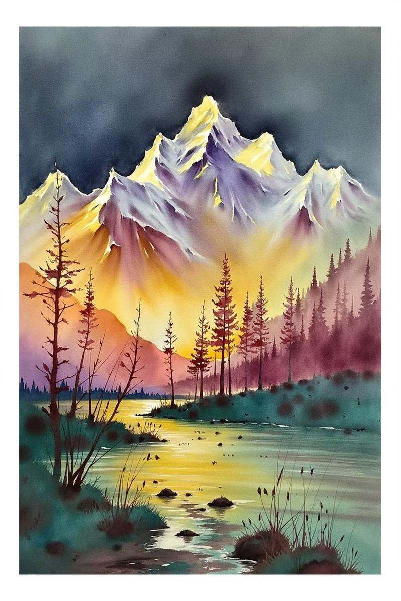 This watercolor painting: depicts a majestic scene of Mount Everest at sunset,  using the watercolor style of Thomas Schal...