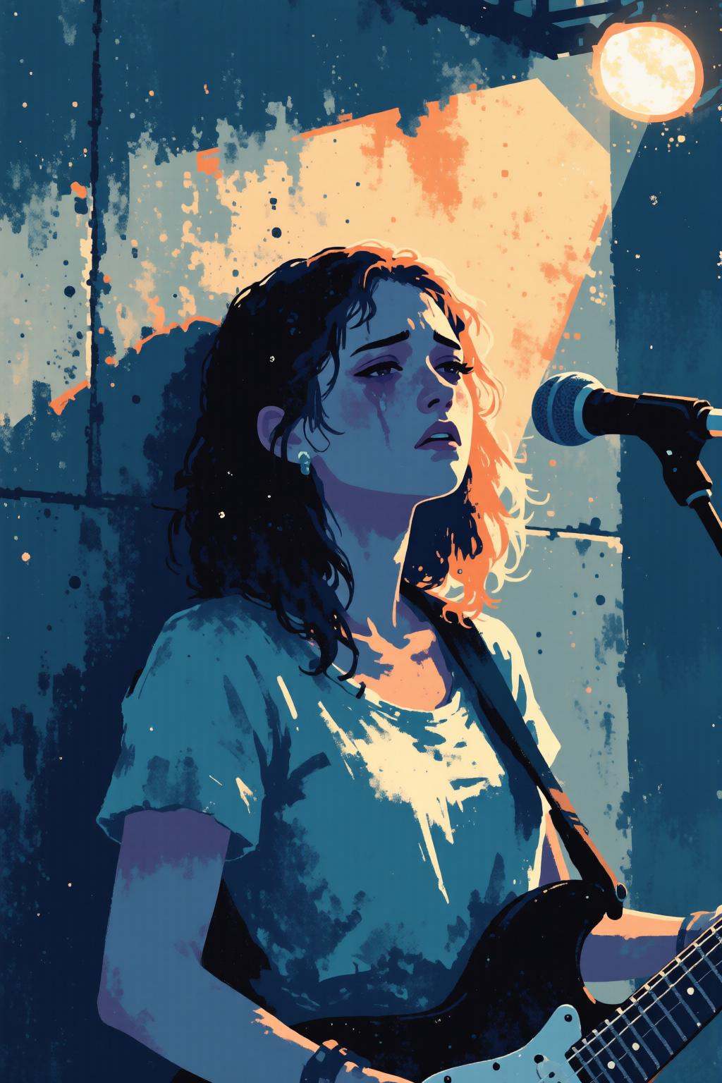 minimalist5 illustration.A fatigued 25-year-old indie musician in a quiet moment backstage. She leans against a gritty con...